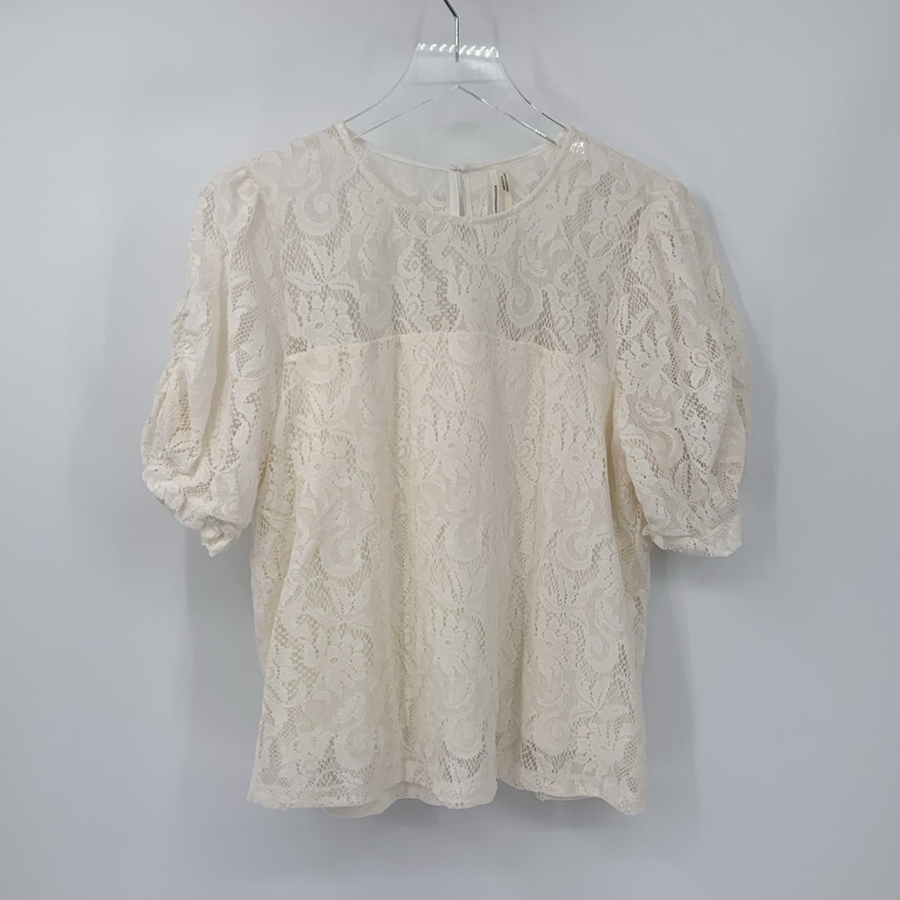 Anthropologie lace blouse top shirt puffed sleeves ivory cream Medium